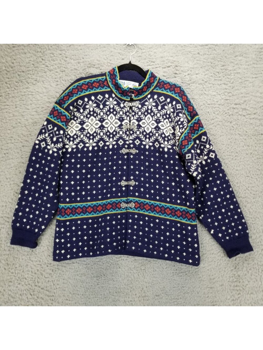 Heide Sweater Womens Large Blue Wool Knit Snowflake Fair Isle Norway Cardigan